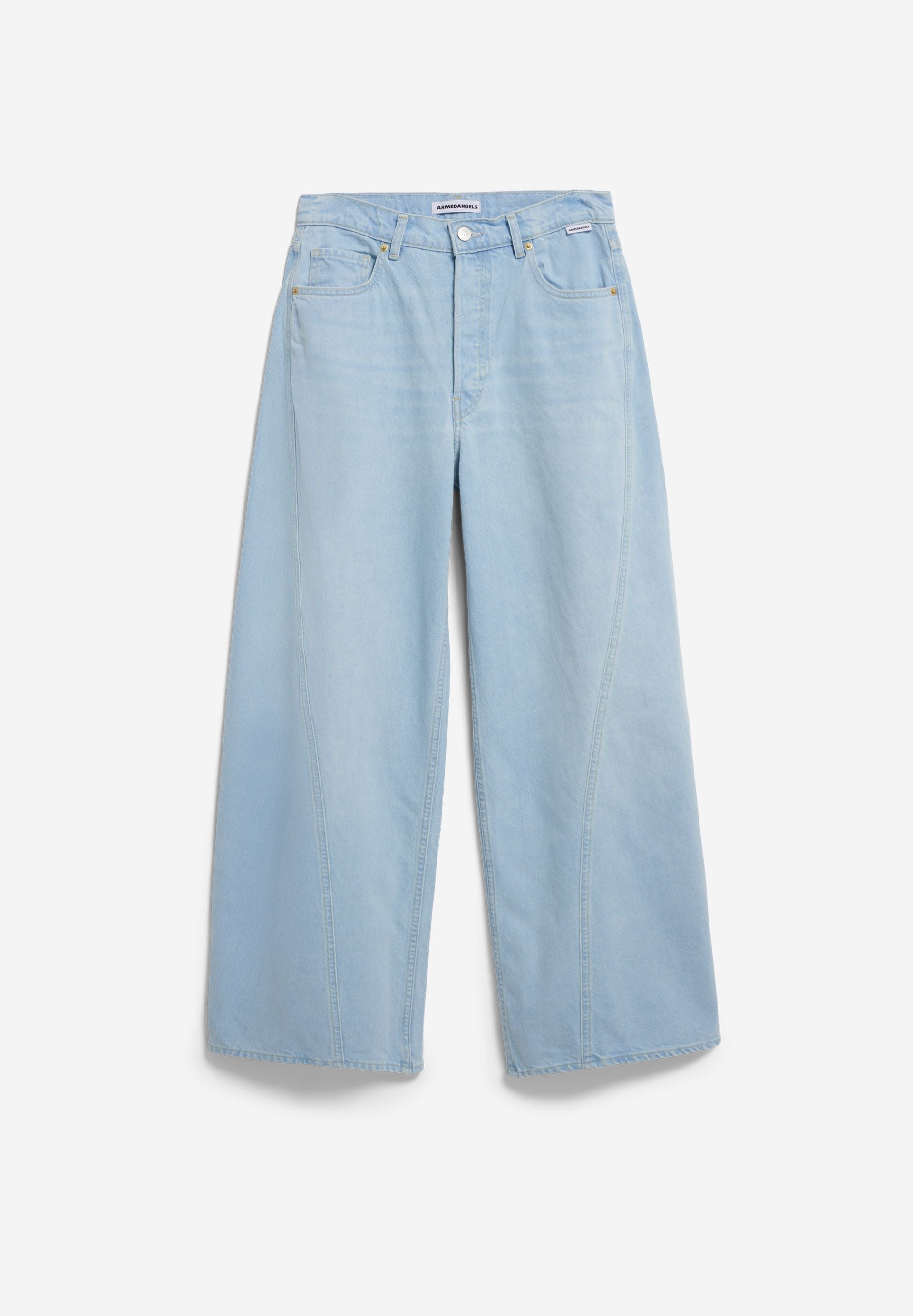 AALTHEA mid waist barrel jeans by ARMEDANGELS featuring a five-pocket design in a stylish denim fabric.