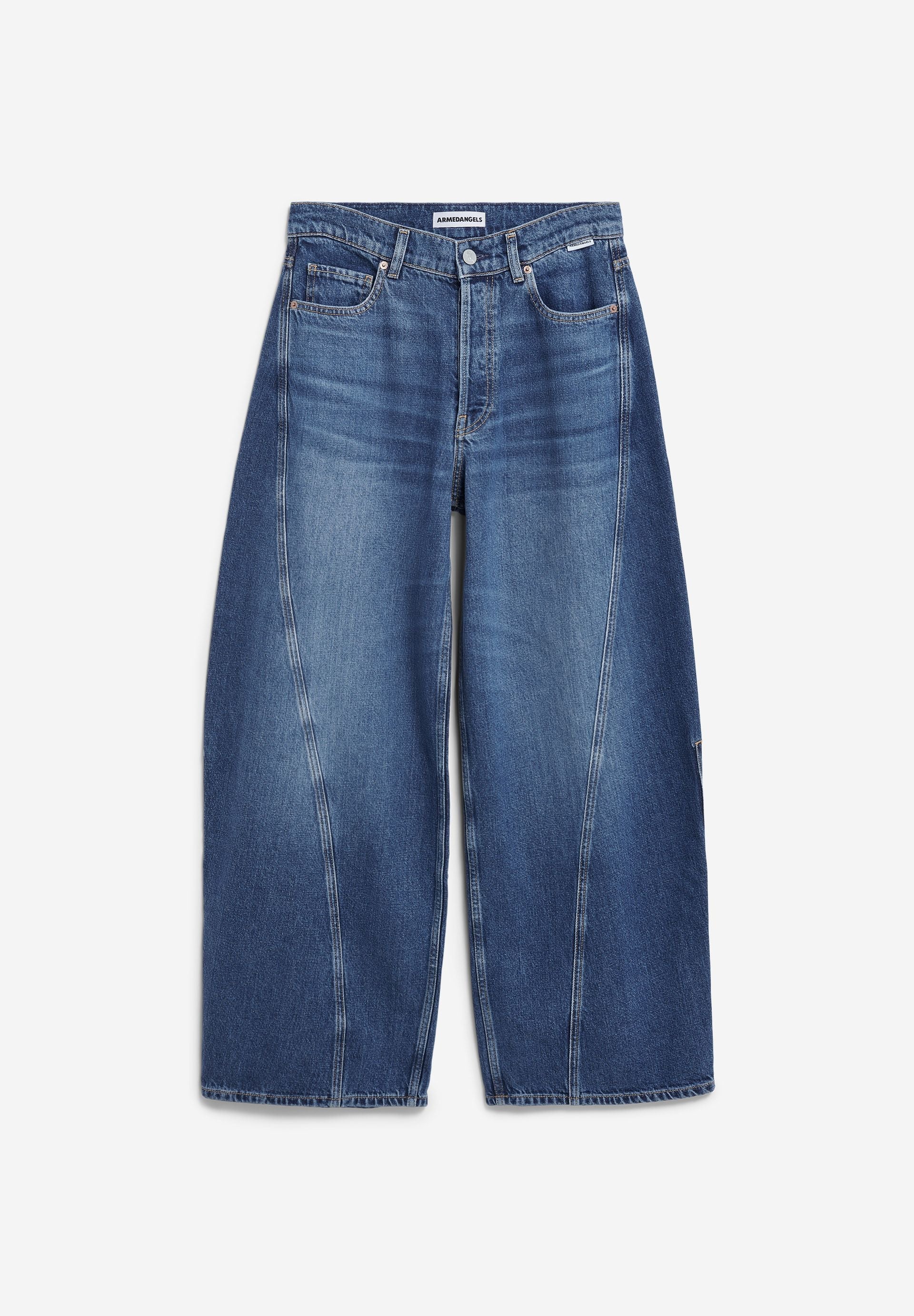 Mid waist barrel jeans with a faded finish and five pockets by ARMEDANGELS, displayed on a neutral background.