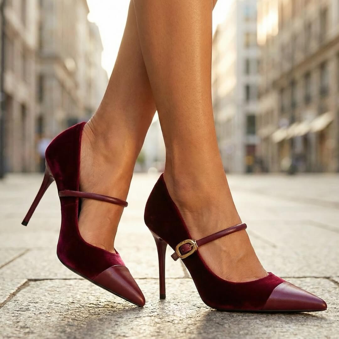 Tacones de terciopelo Ines de Atelier Vera Forma Milano, estilo elegante y sofisticado en color burdeos.
