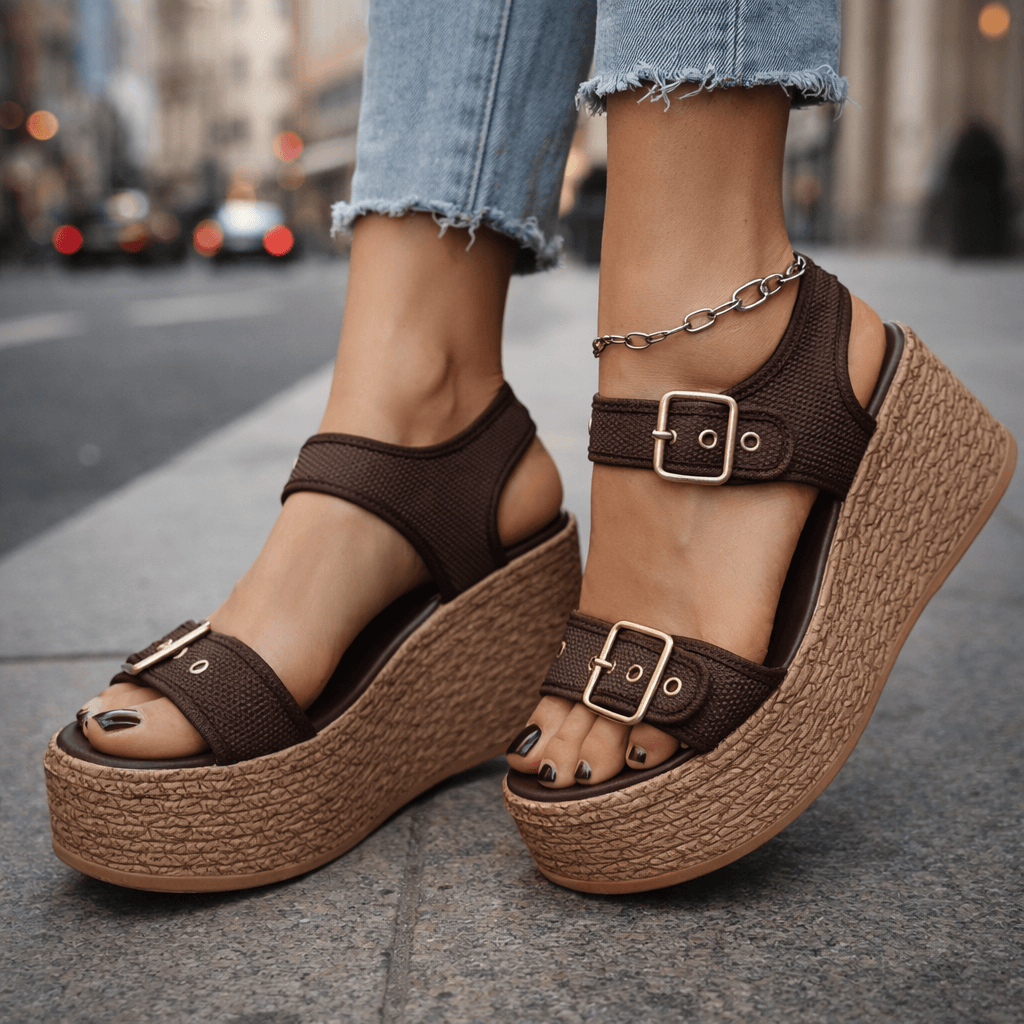 Sandalias Naia con cuña y hebilla de Atelier Vera Forma Milano, diseño elegante en color neutro, con suela gruesa y cómodas correas