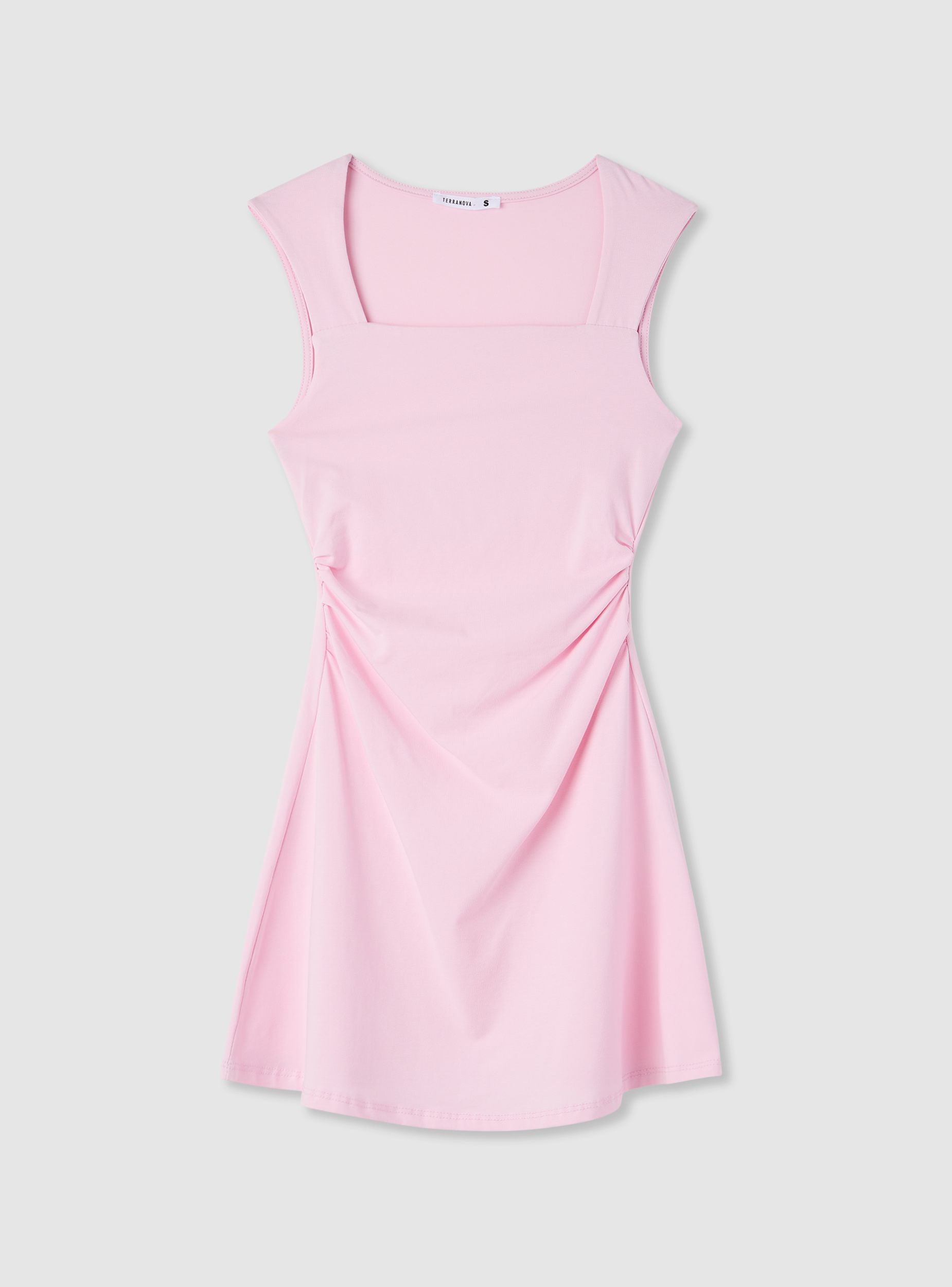 Vestido skater liso con volantes de la marca Terranova, en color sólido y estilo juvenil, con detalles de volante en la parte superior.