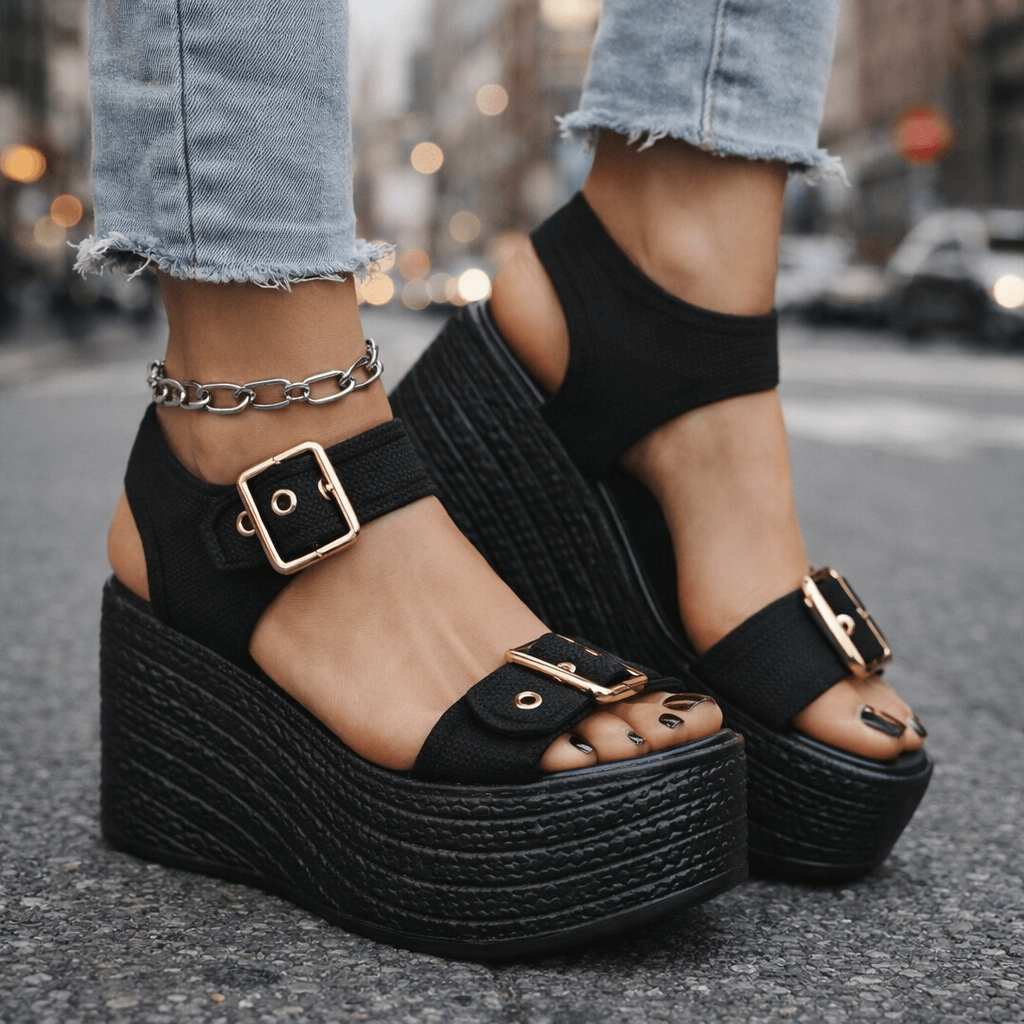 Sandalias Naia con cuña y hebilla de Atelier Vera Forma Milano, en color neutro, mostrando la estructura y detalles del calzado.
