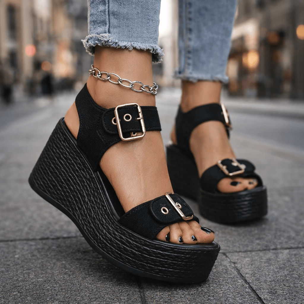 Sandalias Naia con cuña y hebilla de Atelier Vera Forma Milano, en color neutro, mostrando la suela y el diseño elegante.