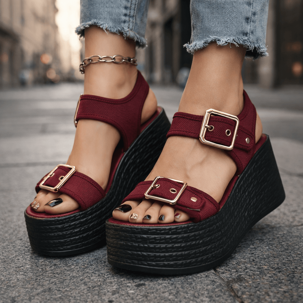 Sandalias Naia con cuña y hebilla de Atelier Vera Forma Milano, con suela de goma y diseño elegante en color neutro.