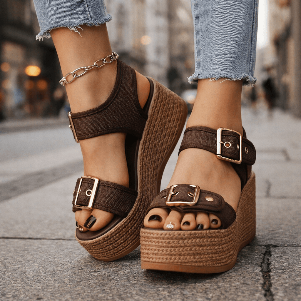 Sandalias Naia con cuña y hebilla de Atelier Vera Forma Milano, con diseño elegante y suela de yute.