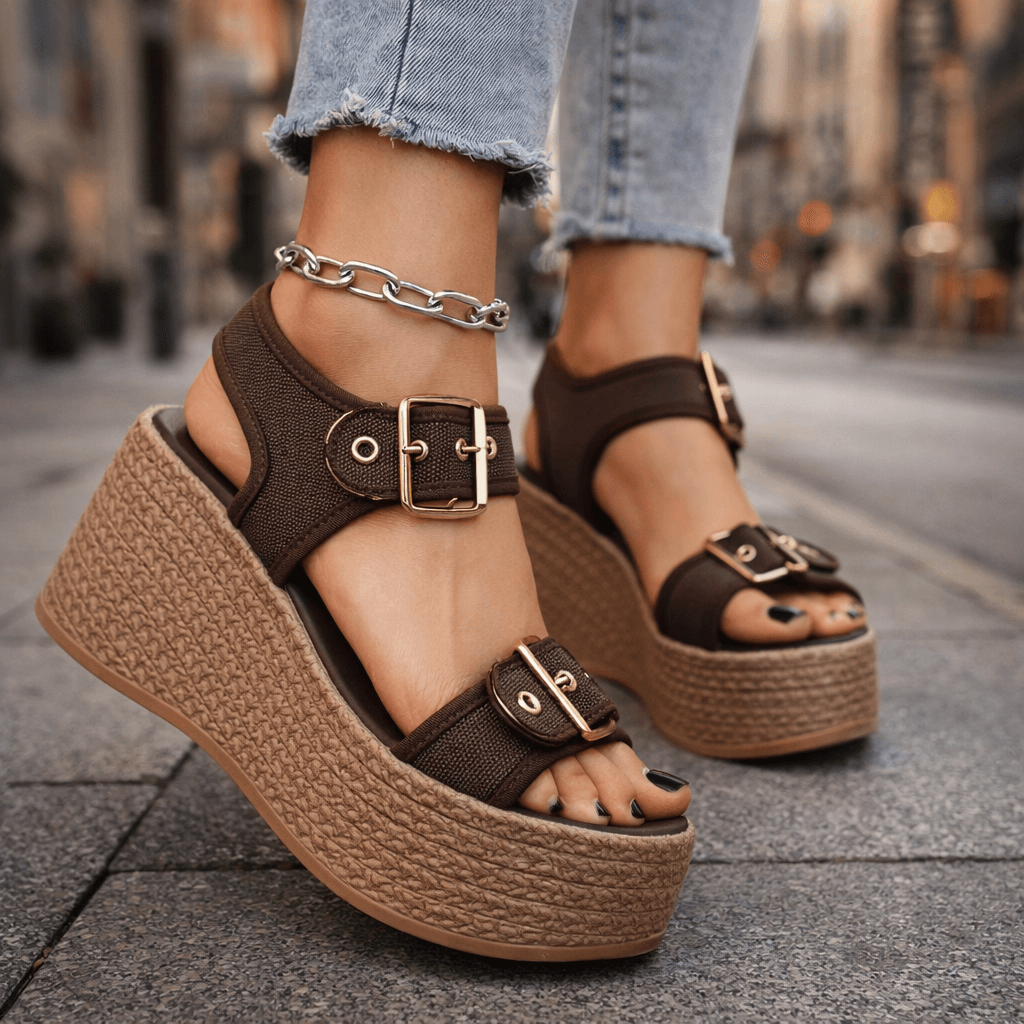 Sandalias Naia con cuña y hebilla de Atelier Vera Forma Milano, calzado elegante con diseño en cuero y suela de goma.