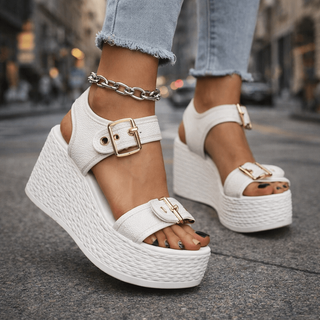 Sandalias Naia con cuña y hebilla de Atelier Vera Forma Milano, calzado elegante en color neutro con diseño de moda.
