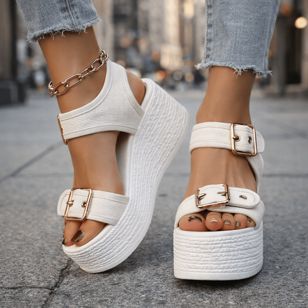 Sandalias Naia con cuña y hebilla de Atelier Vera Forma Milano, en color neutro, con suela de yute y diseño elegante.