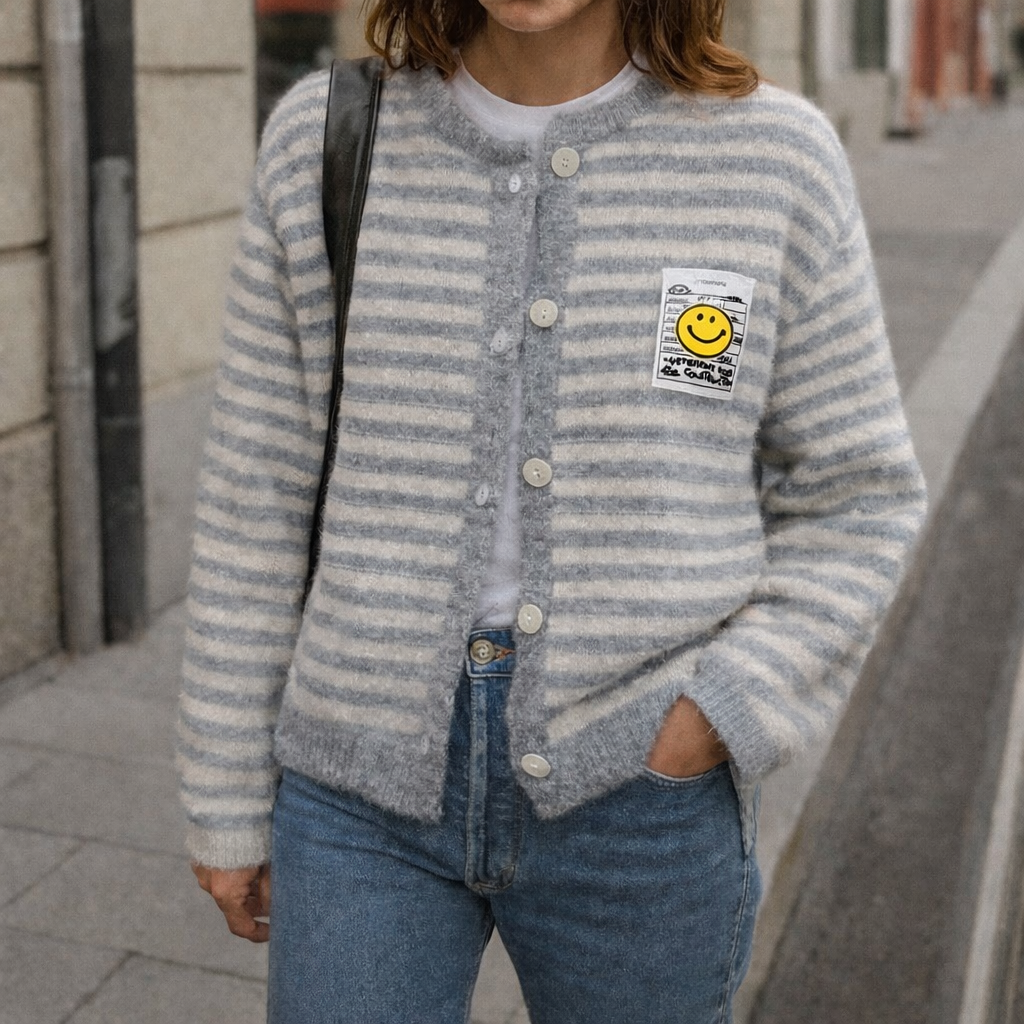 Gestreifter Cardigan "Smiley" by von Herzen, featuring a smiling graphic on a soft, cozy fabric in a relaxed fit.