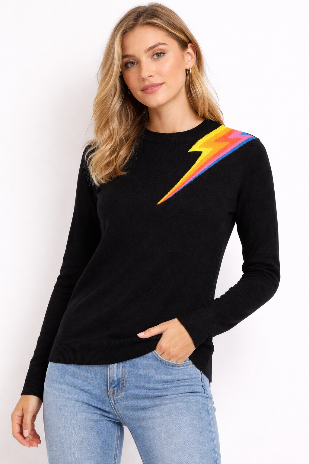 Suéter de punto premium para mujer con rayos multicolor en estilo retro 60s, marca OXKNIT, diseño de moda MOD.