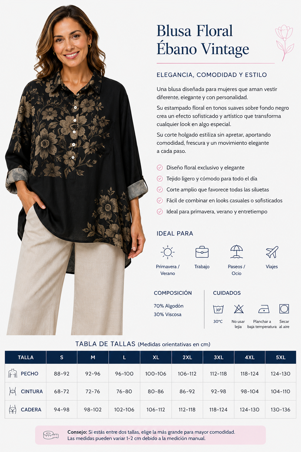 Blusa vintage de ébano con estampado floral de Lucia & Bianca, mostrando el diseño de manga larga y detalles del estampado.