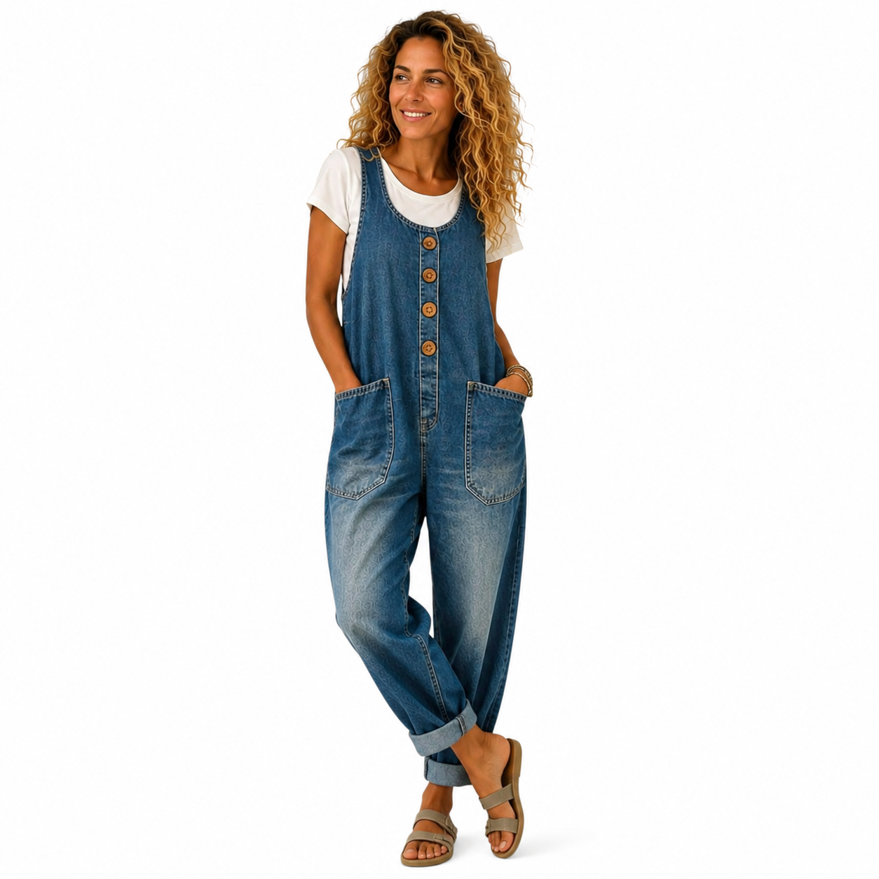 Mono vaquero de algodón vintage Lenna de Lucia & Bianca, con detalles clásicos y estilo retro en tela de algodón.