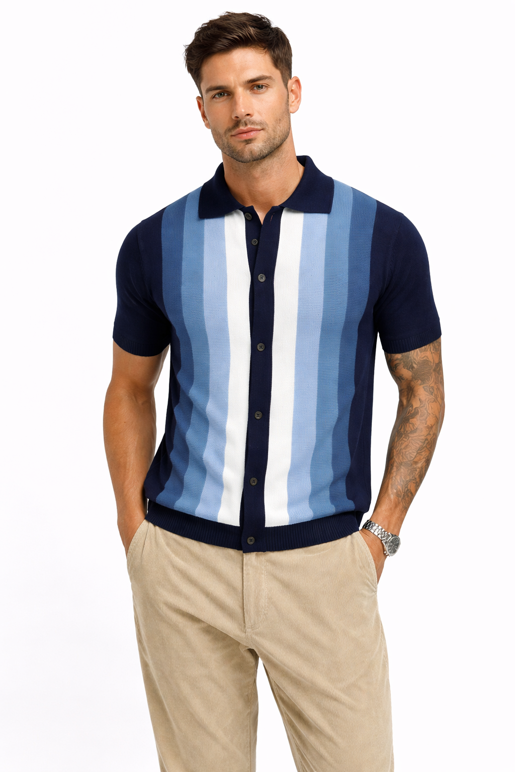 Polo de punto retro OXKNIT con rayas, corte relajado estilo años 60, estilo vintage y cómodo para usar a diario.