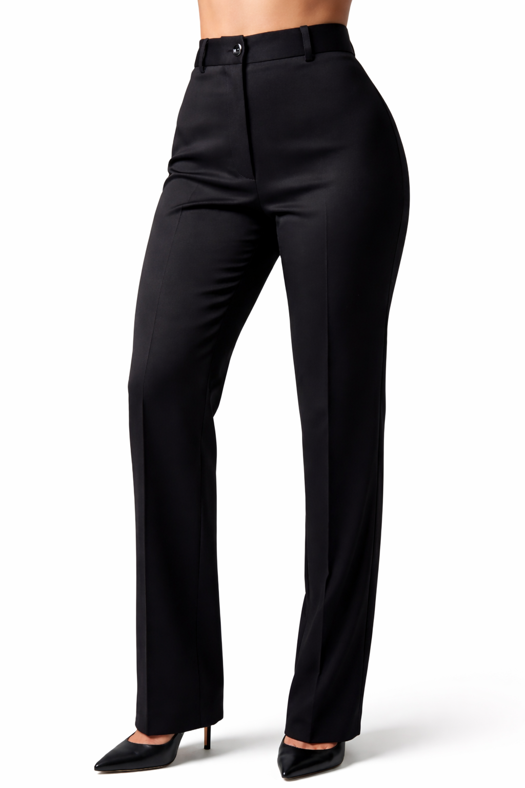 Pantalón de vestir negro premium de tiro alto de la marca ebi, vista frontal mostrando el diseño elegante y ajuste ajustado.