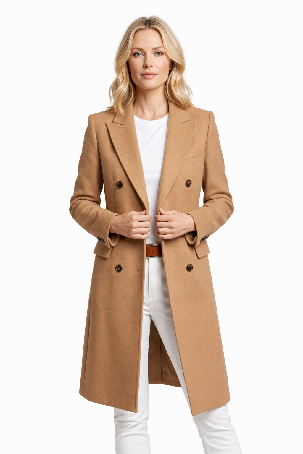 Abrigo clásico de lana de ebi, con diseño elegante y corte ajustado, visible en color gris oscuro y detalles de botones.