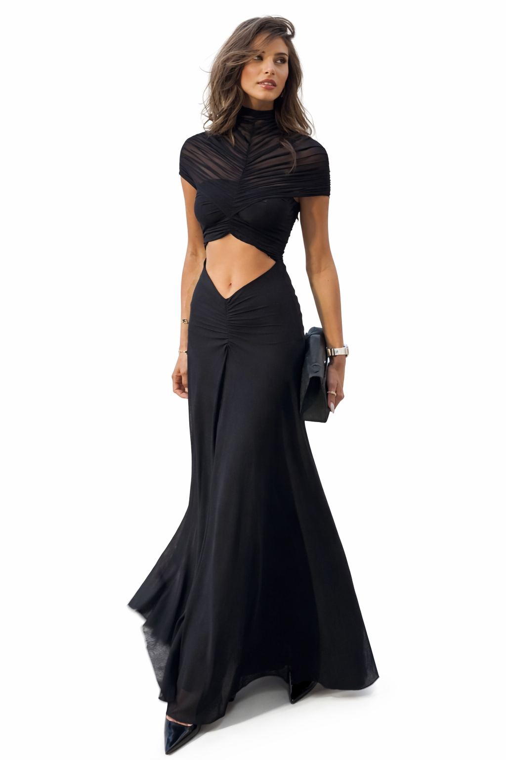 Vestido largo de manga corta con escote en forma de hueco, marca GUSAINO, en color negro y diseño elegante.