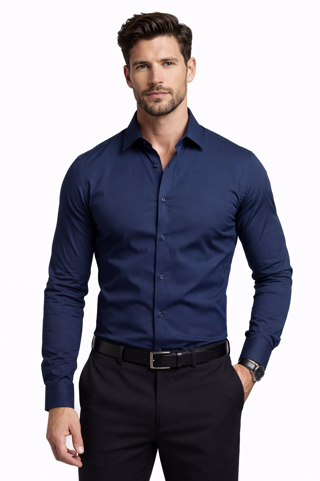 Camisa ajustada Karlson Berlin en tela suave, color blanco, con cuello y mangas largas, vista frontal en fondo neutro.