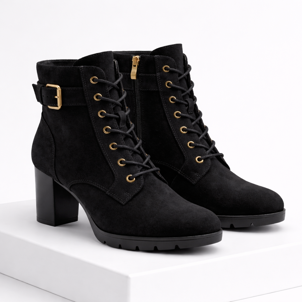 Botas elegantes con cordones y hebilla de Karlson Berlin, diseño sofisticado y moderno para mujer.