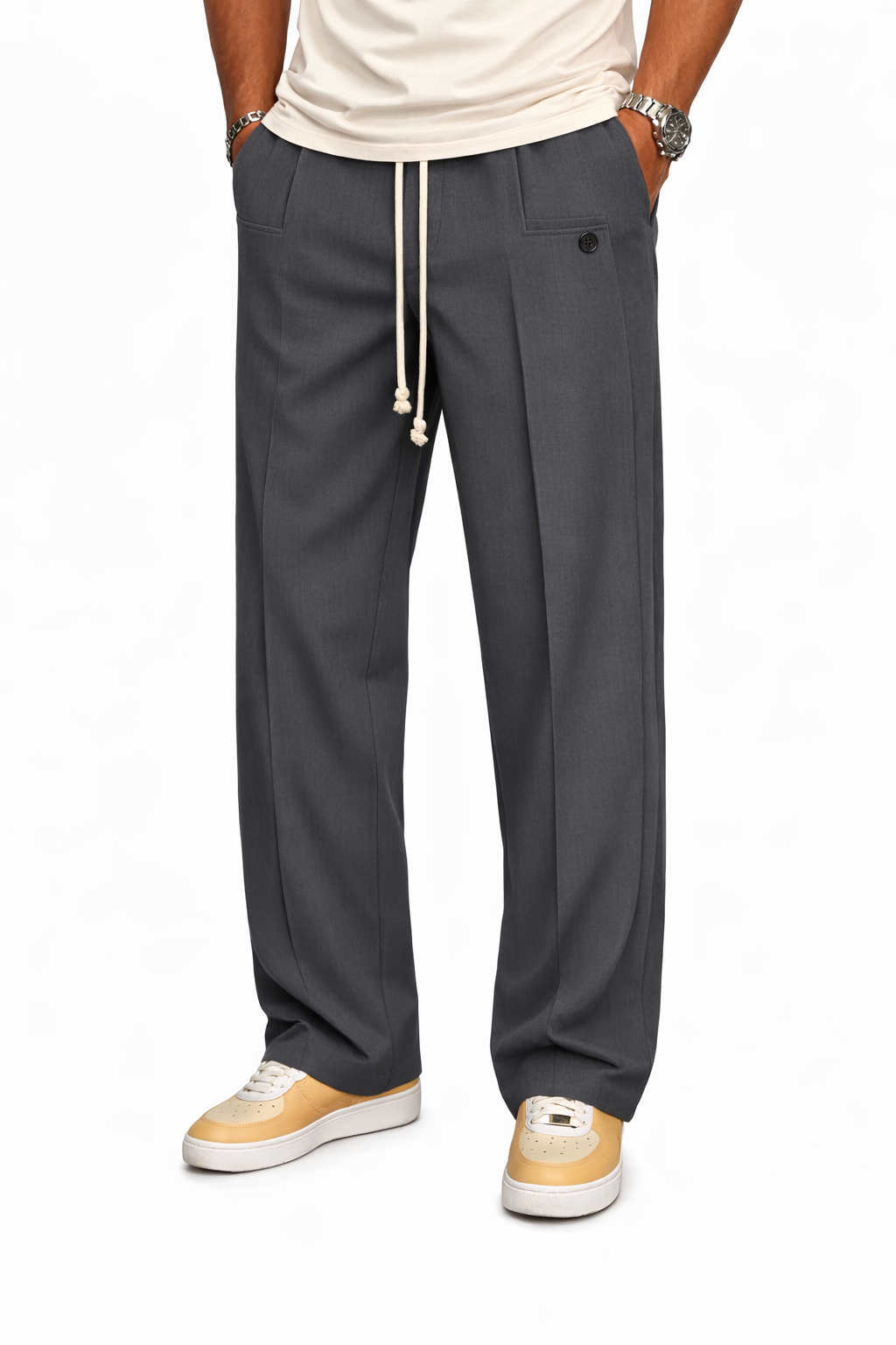 Pantalones modernos y cómodos de Karlson Berlin, color gris, con diseño urbano y cintura elástica, en una vista frontal.