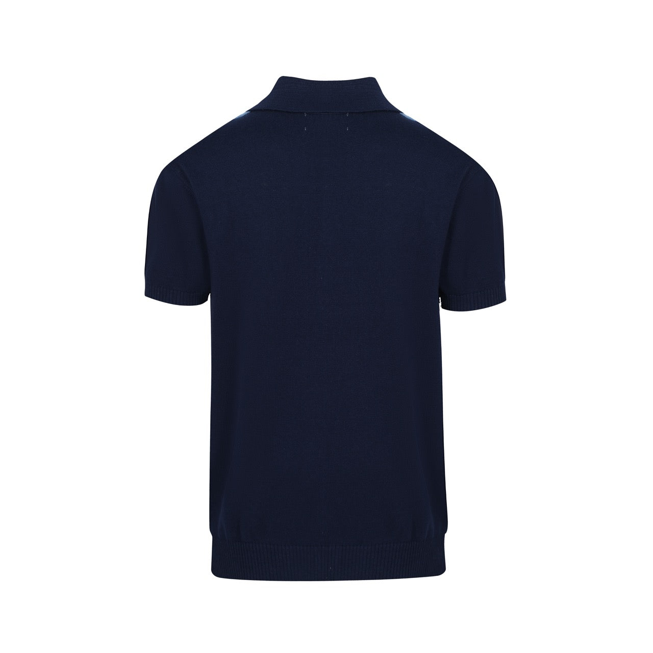 Men's OXKNIT navy and sky blue vertical stripe knit polo shirt with button-up design.