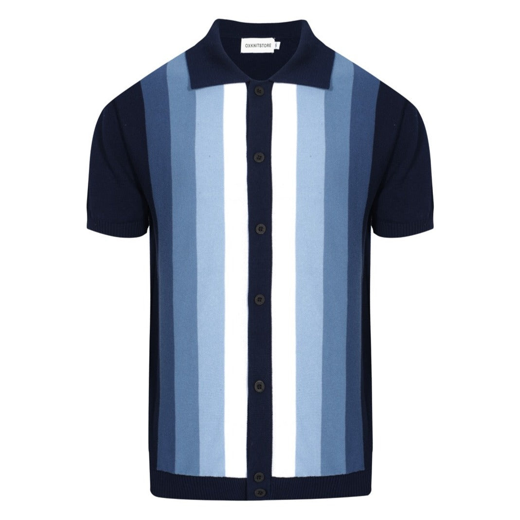 Men's OXKNIT navy and sky blue vertical stripe knit polo shirt with button-up front.