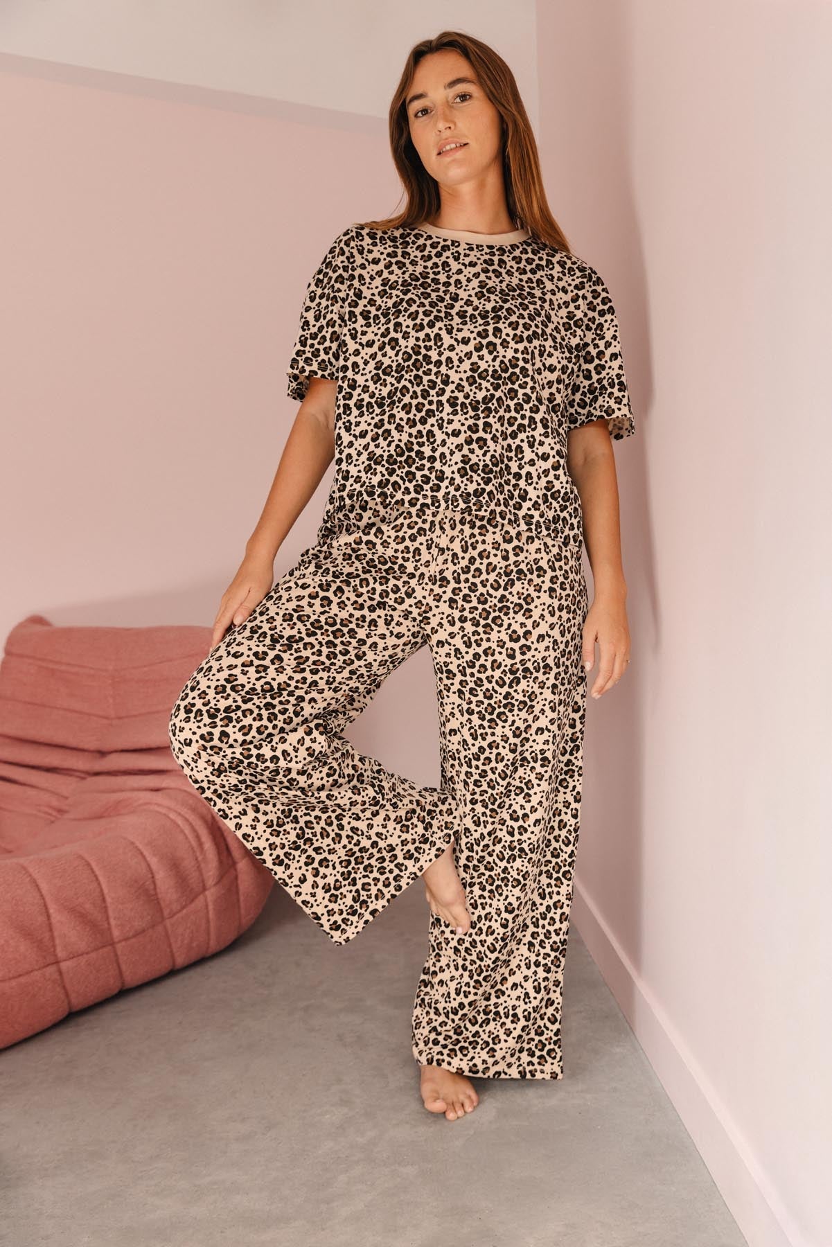 Pijama largo de algodón orgánico - Leopardo beige - Gala Martínez