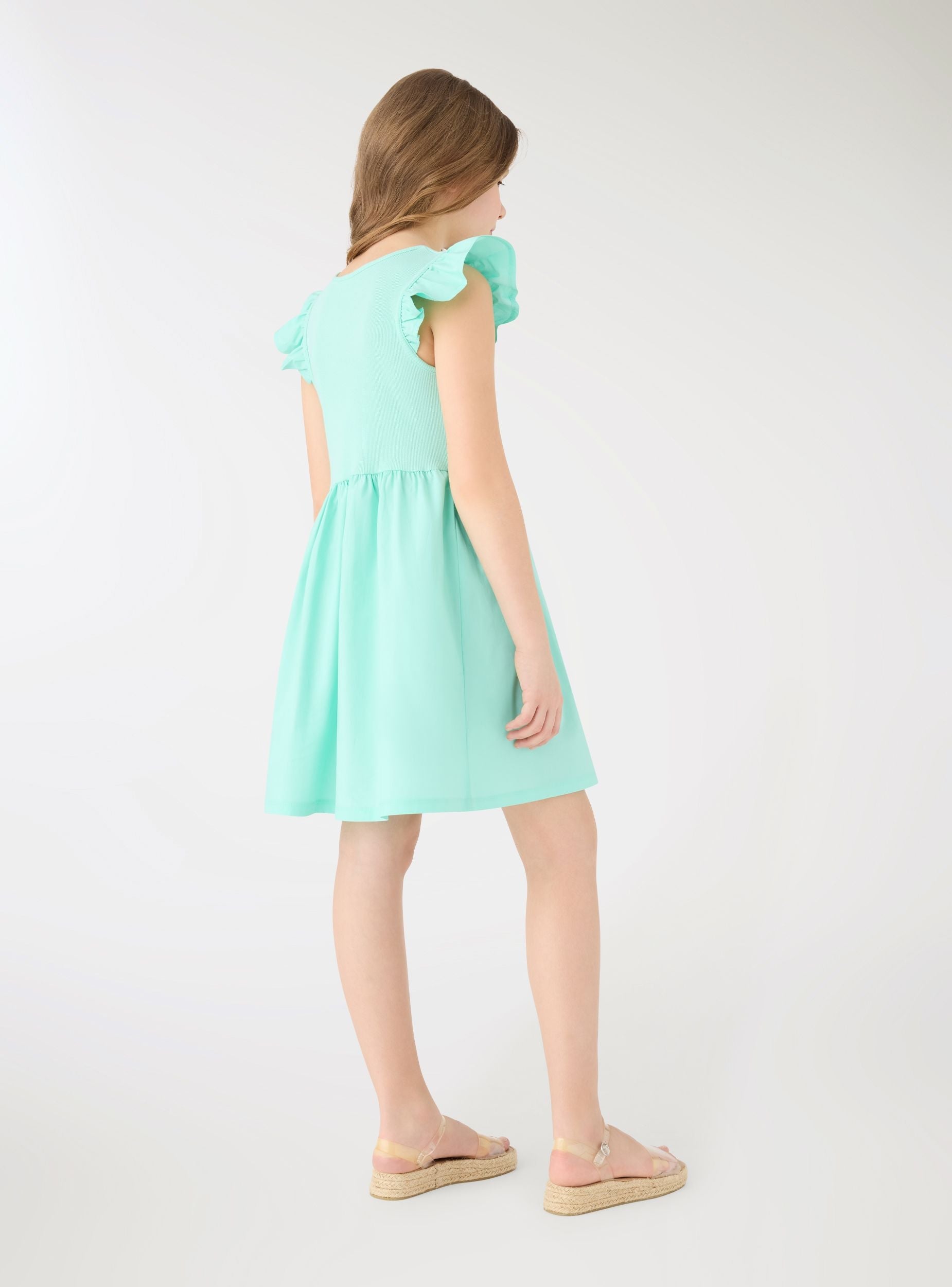 Vestido skater de Terranova en color sólido con mangas a volant, vista trasera, estilo juvenil y moderno.