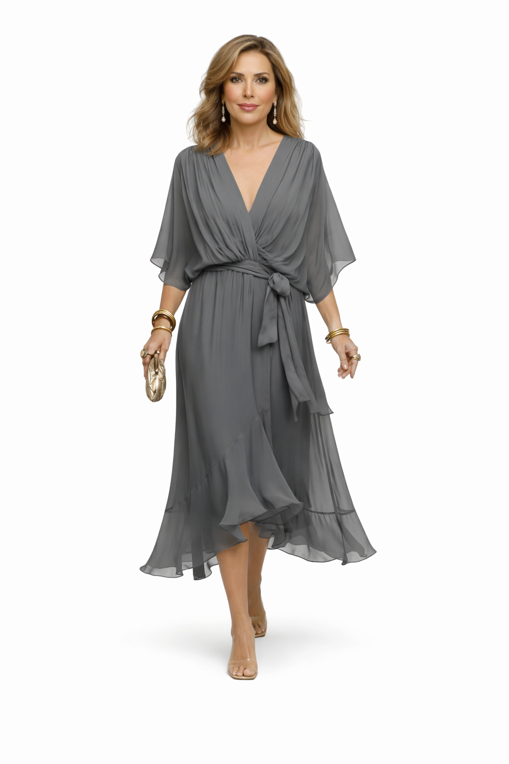 Vestido de chiffon elegante de Ravelli con escote en V, diseño fluido y sofisticado para ocasiones especiales.