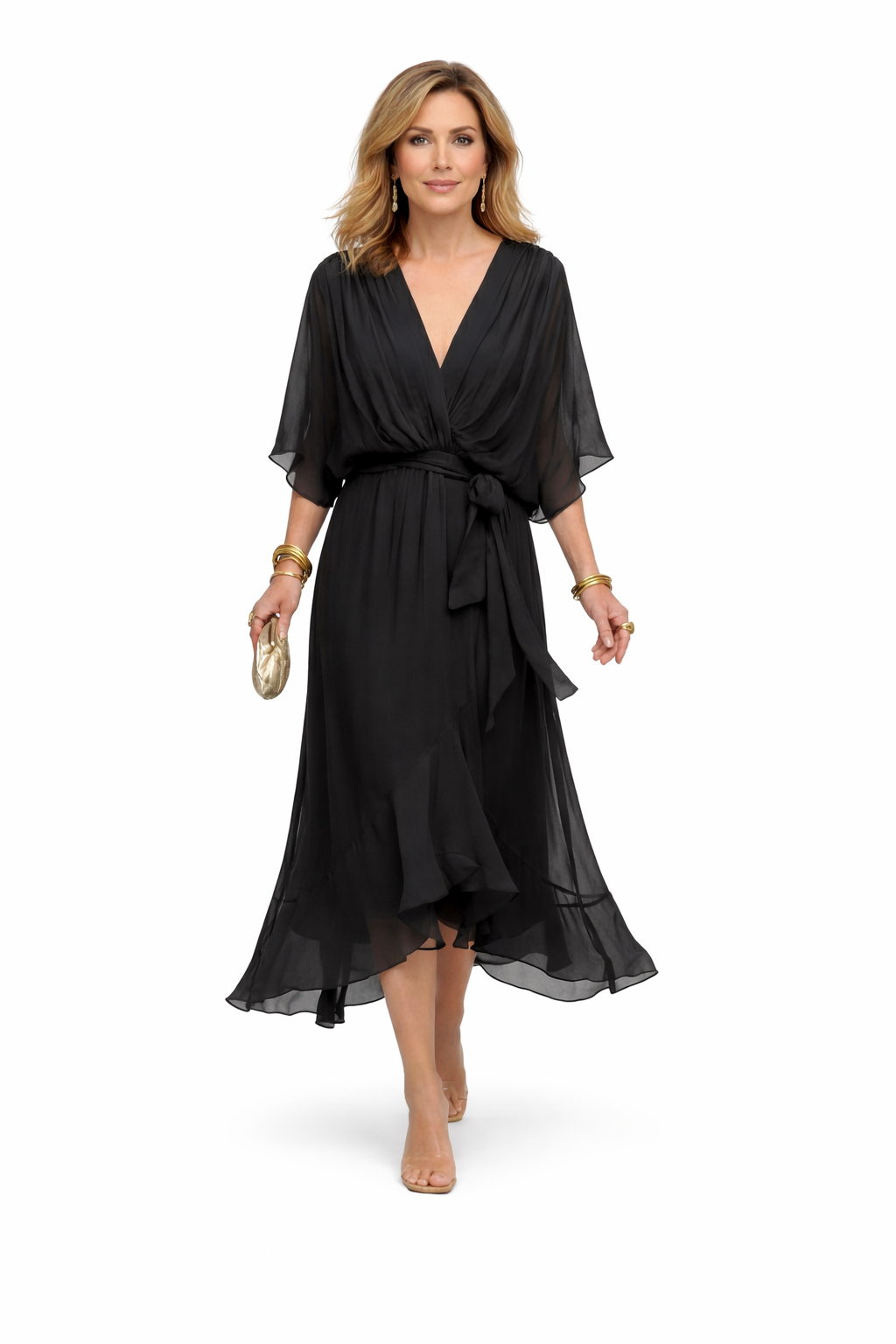 Vestido de chiffon negro de Ravelli con escote en V, diseño elegante y fluido, ideal para ocasiones formales.