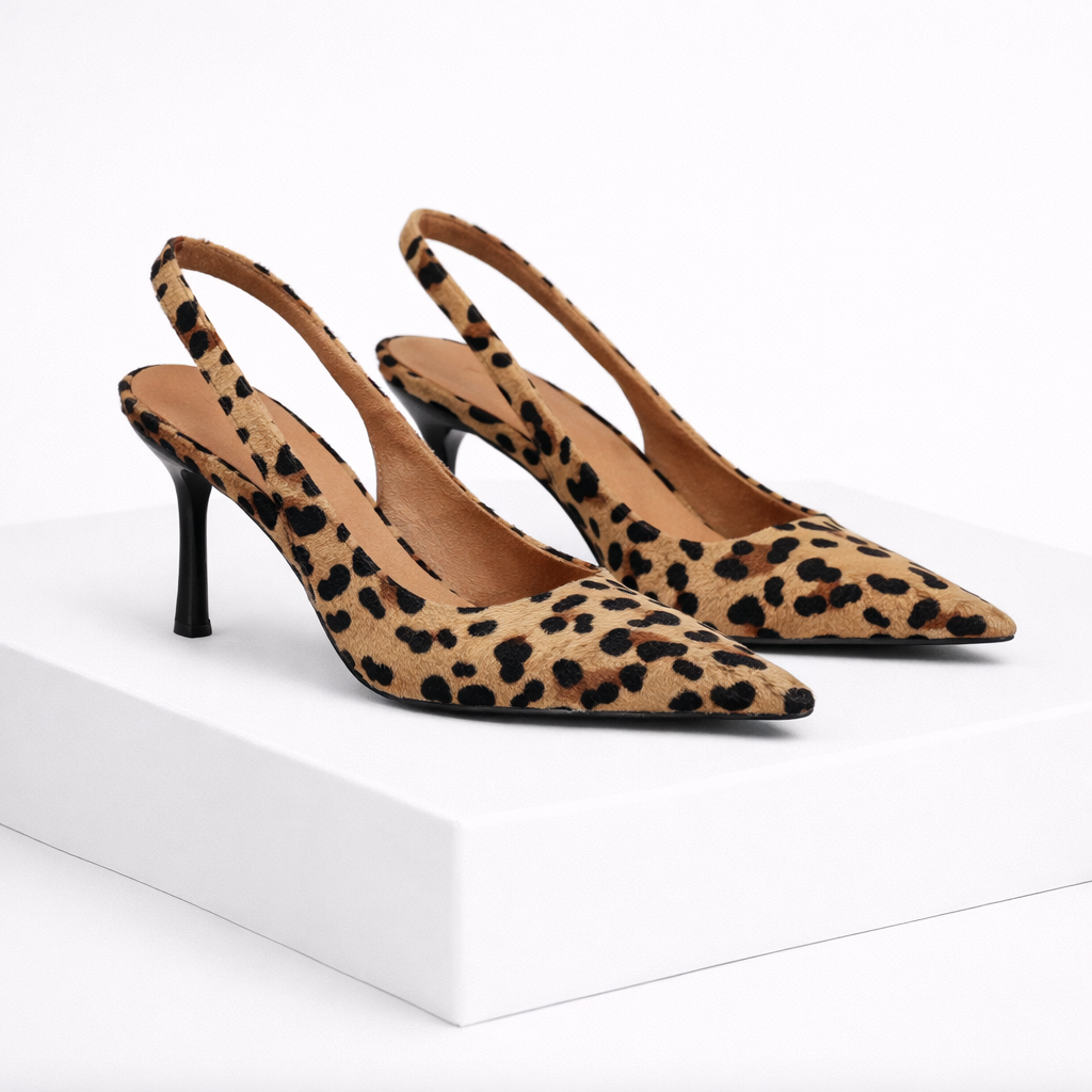 Zapato slingback de mujer en leopardo con tacón fino de marca ebi, diseño elegante y irresistible.