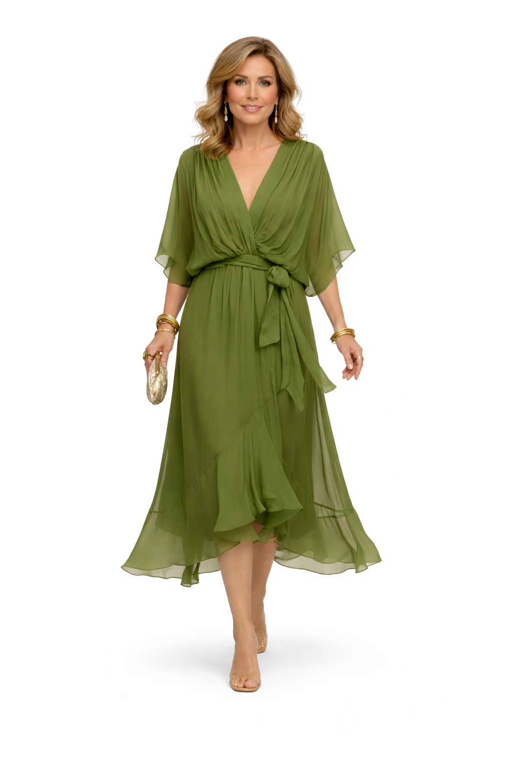 Vestido de chiffon elegante con escote en V de Ravelli, diseño fluido y sofisticado, ideal para ocasiones especiales.
