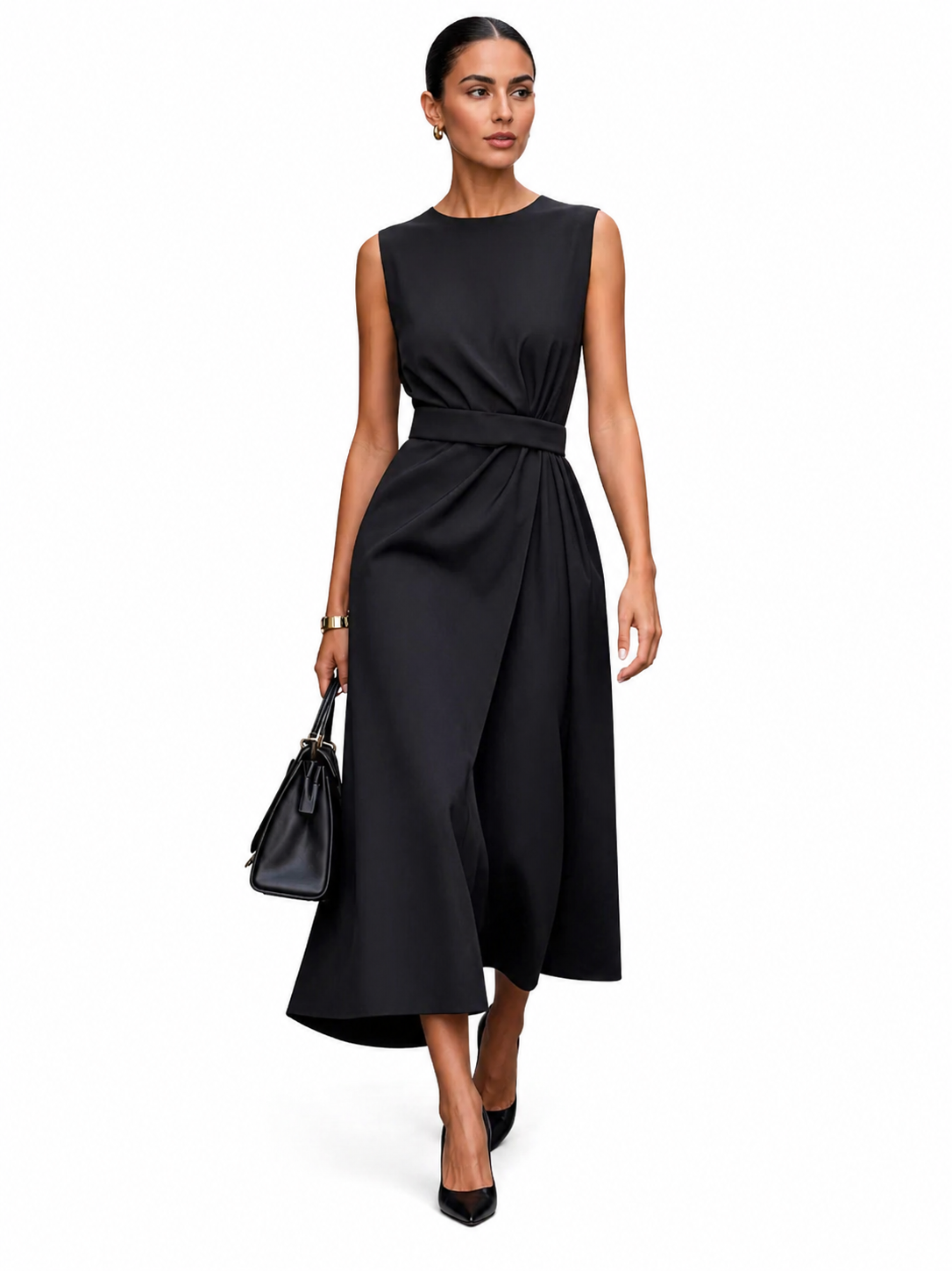 Vestido elegante Aubrielle™ de Atelier Vera Forma Milano con cuello redondo, tela suave y corte sofisticado en color neutro.
