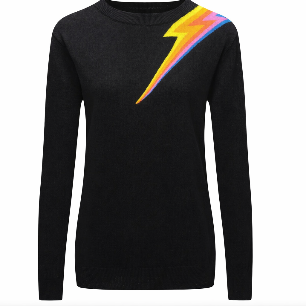 Suéter de punto premium para mujer con rayos multicolor, estilo retro 60s de la marca OXKNIT.