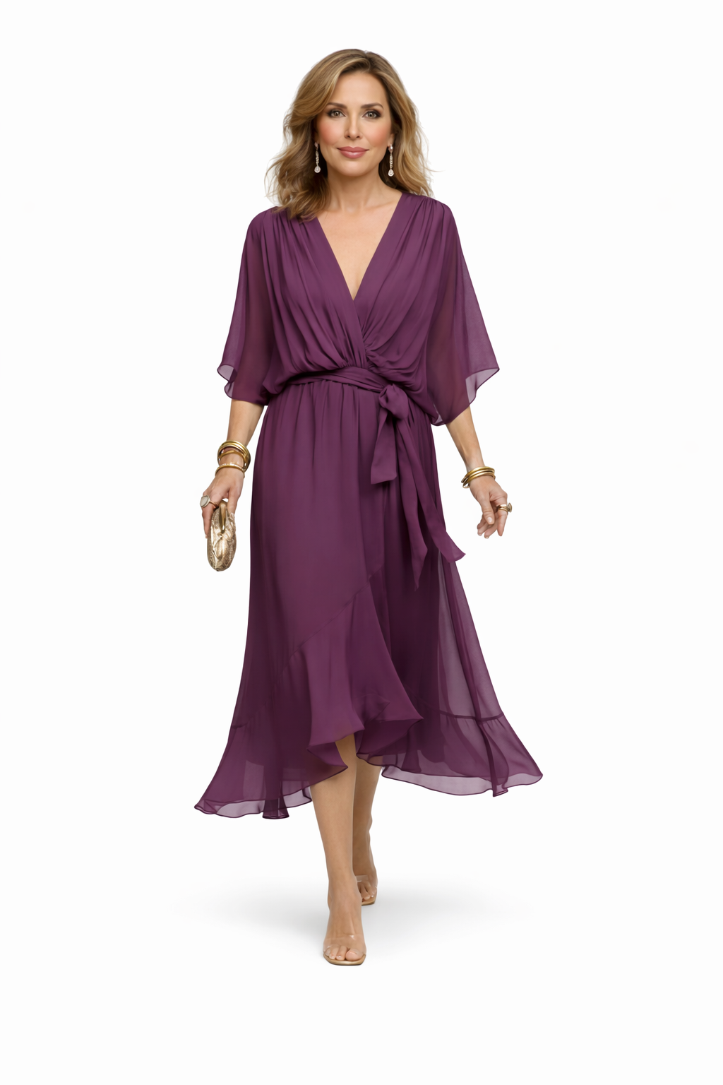 Vestido de chiffon con escote en V, estilo elegante y fluido, de la marca Ravelli, muestra la prenda en color y diseño.