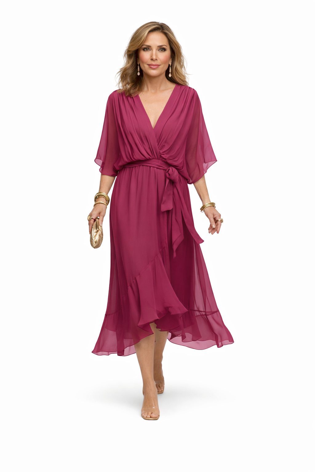 Vestido de chiffon con escote en V de Ravelli, elegante y fluido, diseñado para ocasiones formales en color suave.
