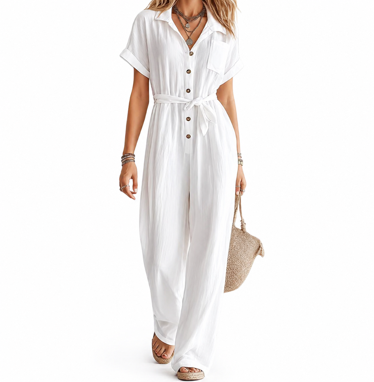 Mono largo blanco fluido con botones y cinturón de Atelier Vera Forma Milano, estilo minimalista ideal para verano.