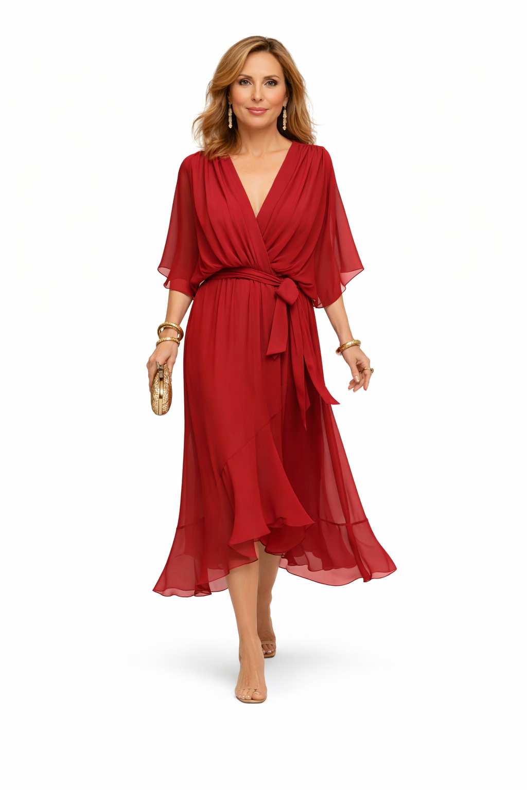 Vestido de chiffon elegante de Ravelli con escote en V, diseño fluido y sofisticado para ocasiones especiales.