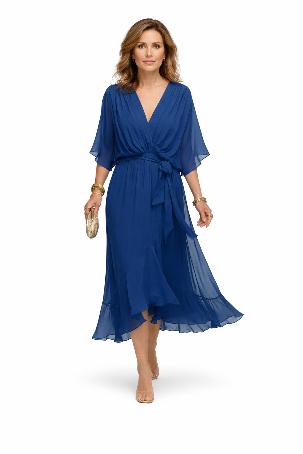 Vestido de chiffon elegante con escote en V, fluido y ligero, de la marca Ravelli, perfecto para ocasiones formales.